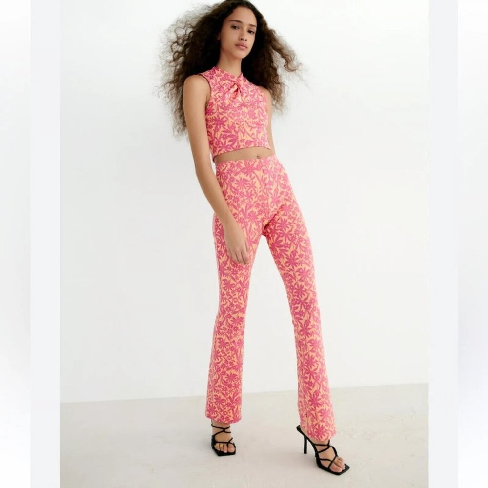 ZARA Women's Floral Jacquard Flare Retro Silhouette Pants Orange Pink NWOT